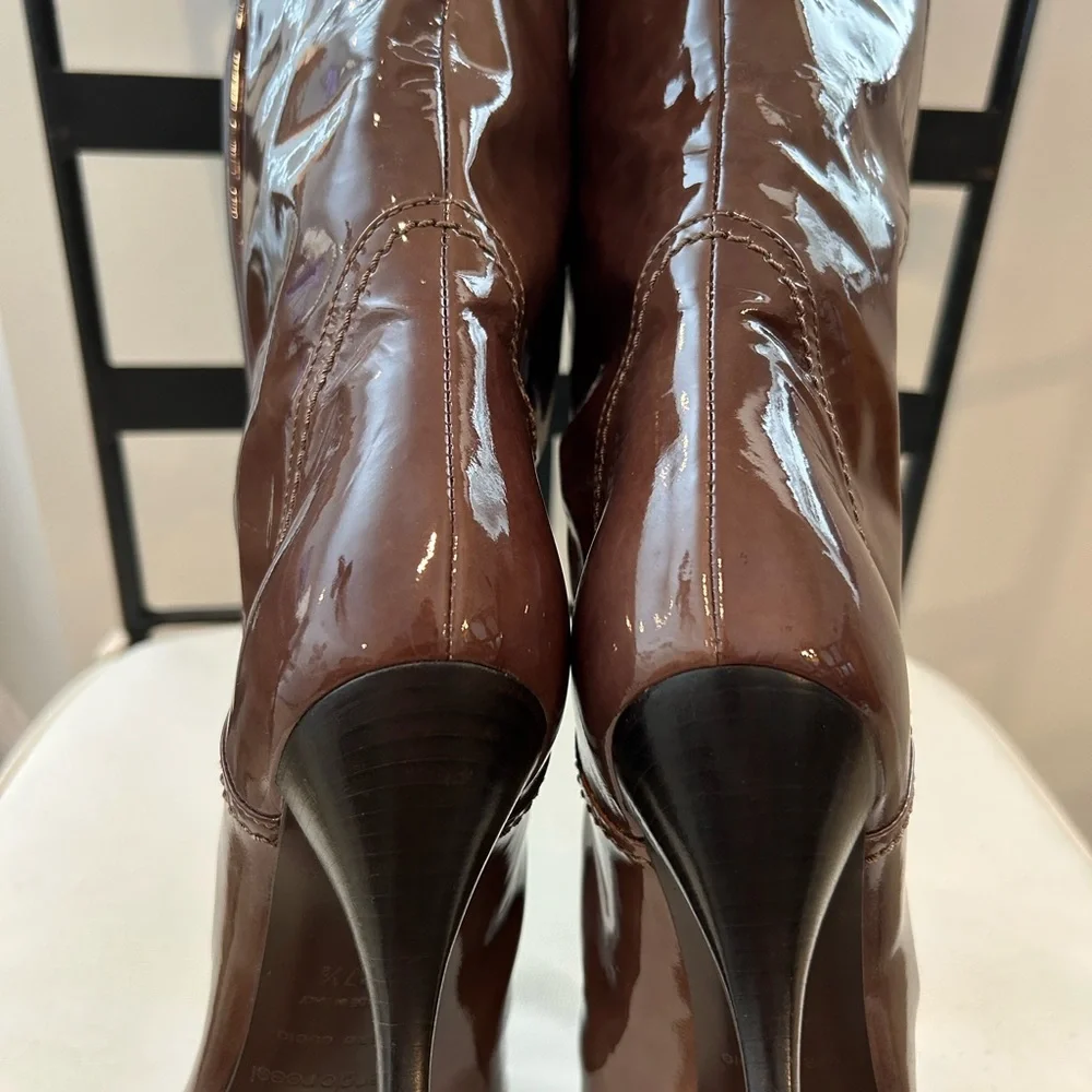 Sergio Rossi Glossy Brown Patent Over-the-Knee Pointed Boots.  Made in Italy.